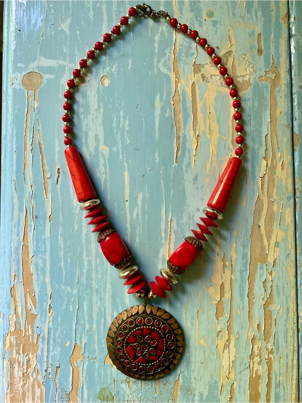 Red Beaded Pendant Necklace - Bold Statement Jewelry